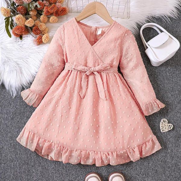 Abiti per ragazze Bambini Abito casual per vestiti per ragazze 2024 Autunno Bambino Manica lunga Scollo a V Swiss Dot Princess Moda Bambini 1-8Y