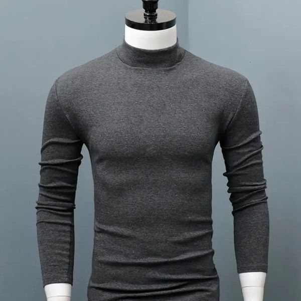 Camisola masculina cor sólida meia gola alta casual fino ajuste de manga comprida quente camisa masculina forro 2xl 240104