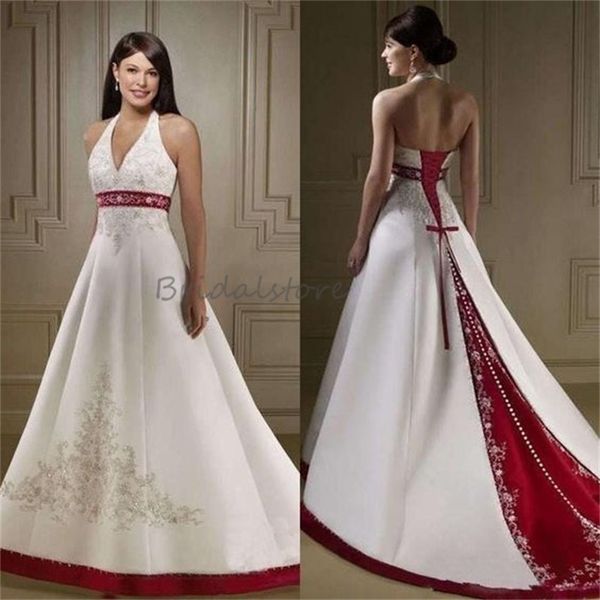 Elegante abito da sposa gotico rosso bianco Abito da sposa sexy con scollo all'americana in raso con ricamo senza schienale Abito da sposa vittoriano con lacci per Halloween Abito da sposa civile Rode Mariage