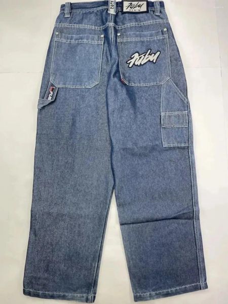 Jeans da uomo Street FUBU per uomini e donne Y2K Harajuku anni '90 lettere hip-hop ricamate blu pantaloni a vita alta gotici allentati retrò