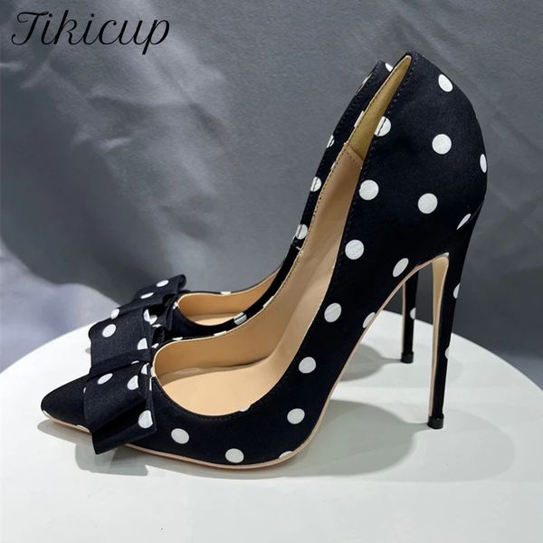 Tikicup Polka Dot Damen High Heels aus schwarzem Satin mit Stiletto-Absatz und Schleife, schicke Damen-Designer-Kleiderschuhe, spitze Zehen-Seidenpumps 240103