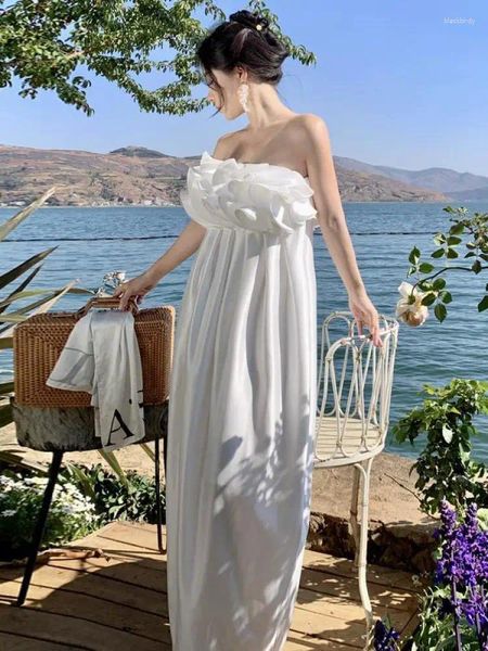 Abiti casual Abito da ballo allentato bianco Donna Elegante estate 2024 Moda da sera da donna Vintage senza spalline Abiti da sposa femminili