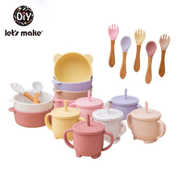 Einfarbig Kinder Geschirr Set Tragbare Baby Silikon Teller Schüssel Tasse Kleinkind Fütterung Sauger Infant Dishs Mit Silica Gel Löffel 240104