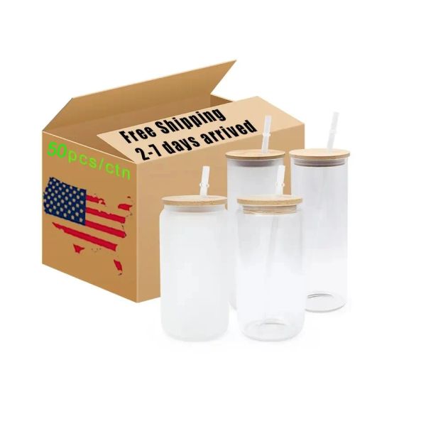 CA USA Warehouse Oz klare Milchglasbecher Sublimationsrohlinge Bierdosenform OZ Weingläser Trinkbecher mit Kunststoffstrohhalm und Bambusdeckel