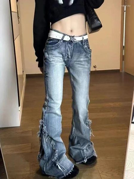 Jeans femininos adagirl queimado mulher y2k causal estilo coreano cintura baixa bota corte calças jeans streetwear moda kpop mujer azul