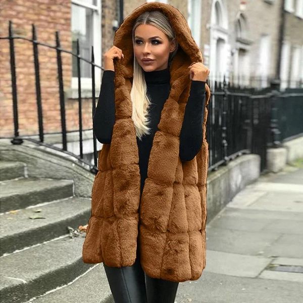 Gilet New Ladies Thick Warm Gilet in pelliccia sintetica con cappuccio Autunno Inverno New Outwear senza maniche Gilet lungo tinta unita Plus Size 3XL