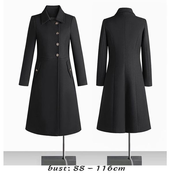 Высококачественный длинный плащ из смесовой шерсти для женщин, однобортная зимняя элегантная одежда больших размеров - черный, серый, синий 240104