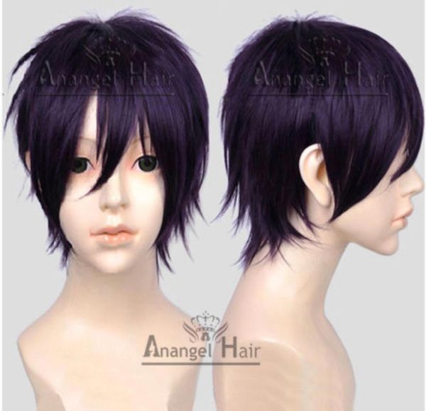 Noragami Yato cosplay peruk kısa katmanlı sentetik saç mor tam peruk 4494444