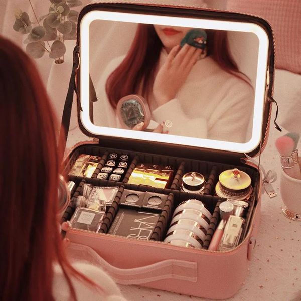 Espelhos estojo de maquiagem espelhos compactos com espelho iluminado com espelho LED bolsa cosmética portátil caixa de armazenamento de maquiagem de grande capacidade Make Up Ba