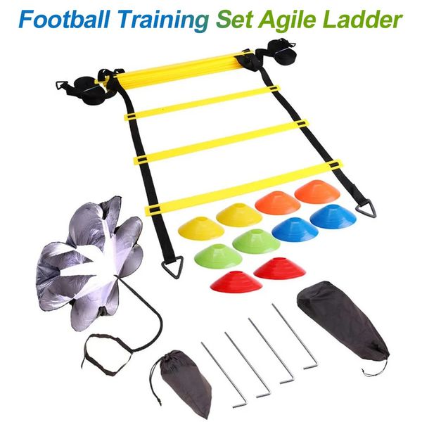Footwork futebol fitness velocidade degraus de futebol agilidade escada kit equipamento treinamento com resistência pára-quedas disco cones sacos 240103
