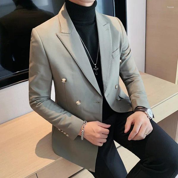 Ternos masculinos estilo britânico fino ajuste duplo peito blazer para homens de negócios casual terno jaquetas escritório casamento noivo smoking