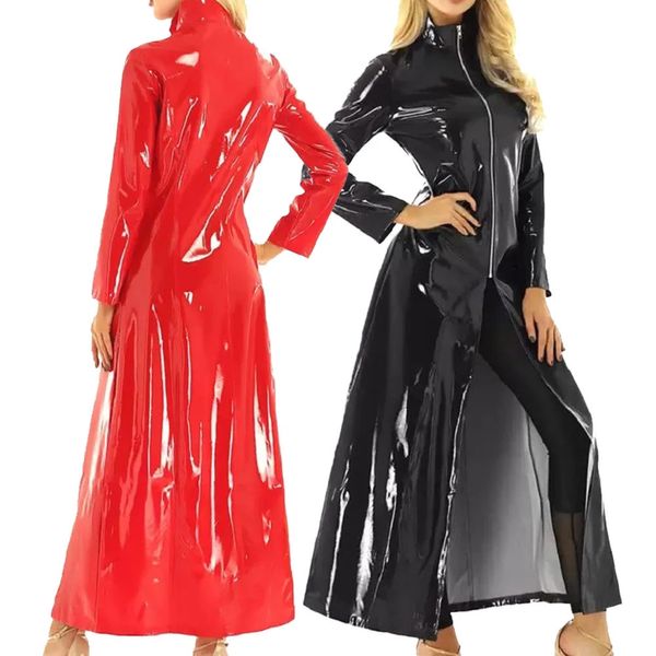 Wetlook patente jaqueta de couro longo roupas femininas streetwear cor sólida steampunk gótico lapela motociclista jaqueta S-5XL zíper casaco 240104