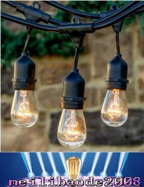 Cordas 48 pés (14,8 m) Outdoor Vintage String Light com 15 lâmpadas incandescentes 5W E27 Clear Bulbs Black Plugue Cord Globe Light String Set MYY161