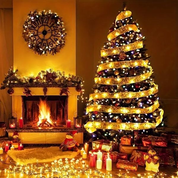 Luci a corda con nastro per albero di Natale da 78,74 pollici/20 LED, strisce luminose a LED alimentate a batteria, adatte per luci decorative natalizie per interni ed esterni, feste natalizie.