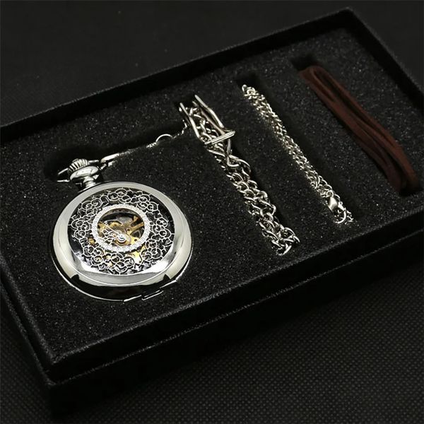 Antico orologio da tasca meccanico a carica manuale Orologio pendente sospeso con catena per collana Catene in pelle Set regalo per uomo 240103