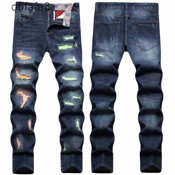 Calças de brim roxas calças masculinas marca de moda jeans quebrados bordados coreano escuro casual mendigo calças grandes magro longo