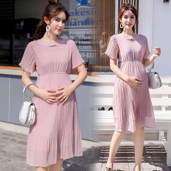 Kleider süßer rückenfreier V -Nacken Schlankes Taillenfalten Chiffon Mutterschaftskleider Bodycon Kleidung für schwangere Frauen elegantes Schwangerschaftsbüro