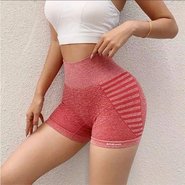 Pantaloncini attivi Pantaloni da yoga elasticizzati senza cuciture aderenti a vita alta a righe laterali per l'allenamento del sollevamento dell'anca