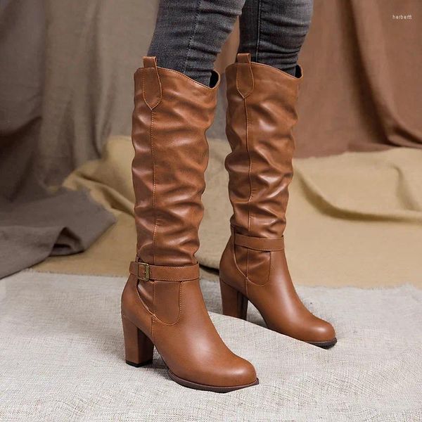 Botas Ymechic Plus Size 34-46 Salto Alto Mulheres Sapatos Pretos Feminino Fivela Plissada Pu Bloco De Couro Longo Equitação