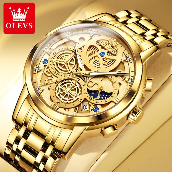 OLEVS Orologi da uomo orologio di design orologio di lusso Top Brand pulito originale orologio al quarzo impermeabile per uomo 42mm oro stile scheletro 24 ore giorno notte Nuovo con scatola 9947