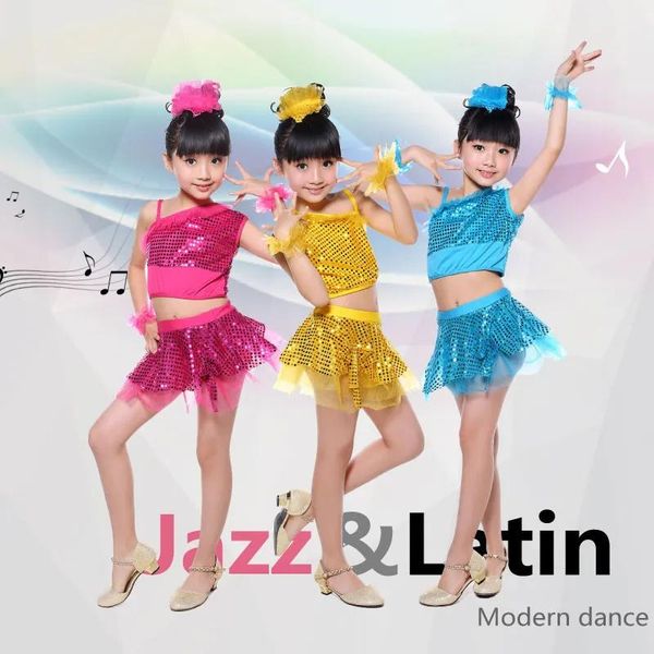 Dancewear 5 pçs roupas de dança das crianças do jardim de infância dança moderna trajes de dança latina véu de lantejoulas meninas verão mostrar