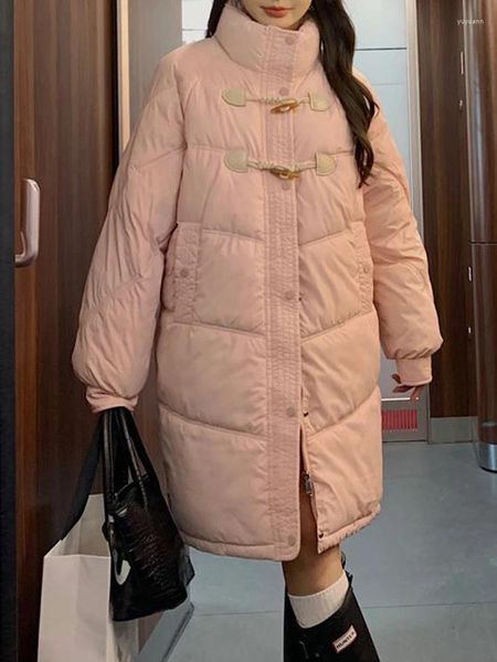 Trench da donna Piumino lungo Giacca da donna Inverno caldo spesso colletto alla coreana imbottitura Parka moda femminile coreana bottone in corno casual allentato