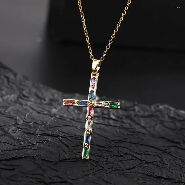 Colares de pingente colar para mulheres 18k banhado a ouro retângulo colorido cristal zircão cruz hip hop rock personalizado moda jóias