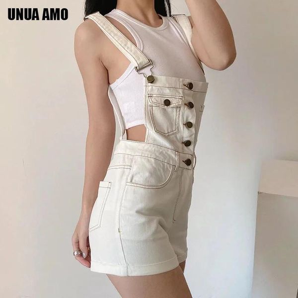 Jeans branco macacão feminino jeans curto verão singlebreasted suspender macacões moda sem costas casual jean shorts femme