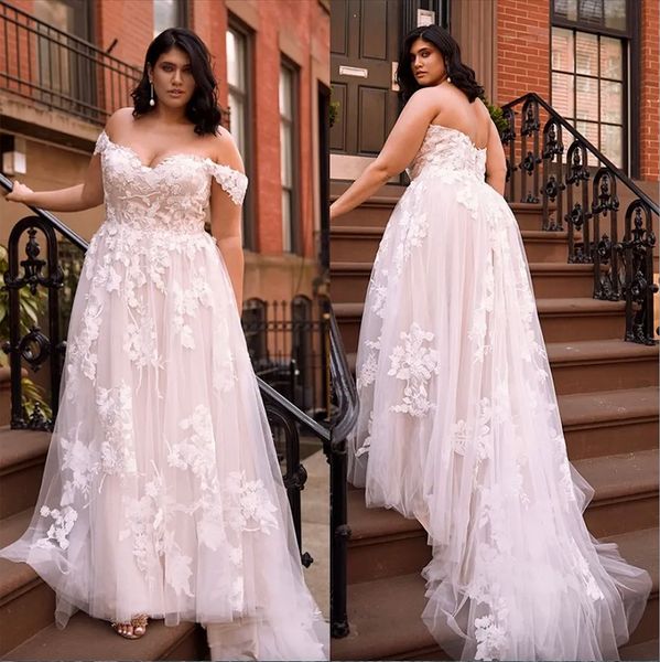 Impressionante plus size vestidos de casamento de renda fora do ombro apliques vestidos de noiva uma linha trem varredura tule robe de mariee