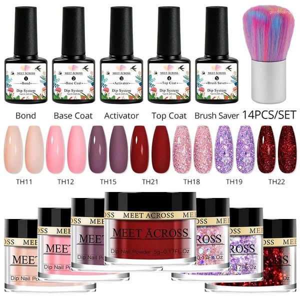 Nagelglitter MEET ACROSS Tauchpulver Kit System Set Staub Natur Trocken Kunst DIY Dekoration für Maniküre