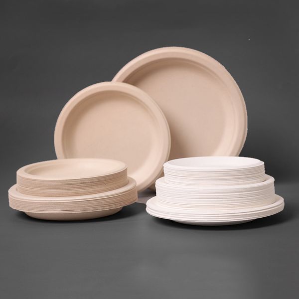 Assiette en bagasse blanche jetable, 7/9 pouces, 100% compostable, résistante et écologique, en fibres de canne à sucre naturelles, assiettes en papier biodégradables HW0161