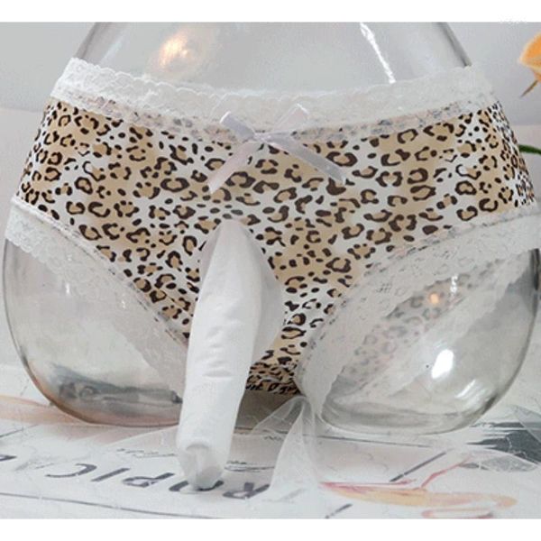 Underpants crossdress sissy bolsa calcinha sexy gelo seda leopardo impressão breve homens baixo aumento respirável roupa interior aberta perto bainha underpant