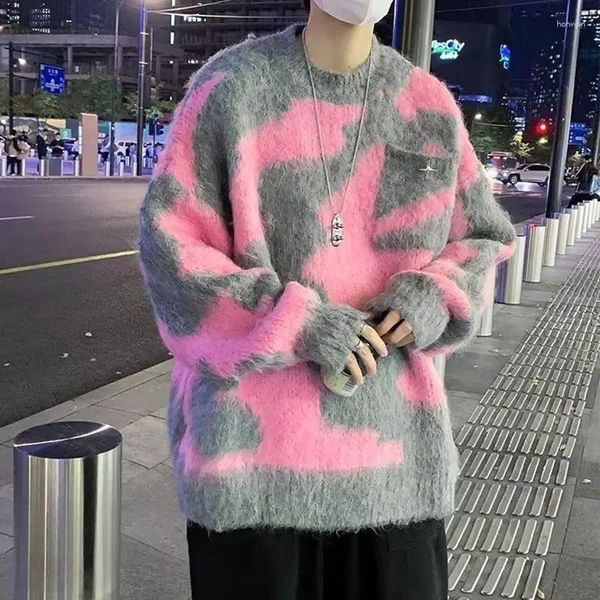 Мужские свитера осень зима розовый утолщенный свитер модные свободные повседневные уличные верхняя одежда вязаные пуловеры мужские топы мужская одежда