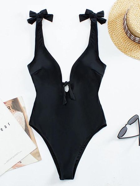 Use traje De baño negro con lazo en los hombros para mujer, trajes De baño Vintage De una pieza con cuello Halter, traje De baño Sexy anudado, ropa De playa De verano, Maillot De Bain