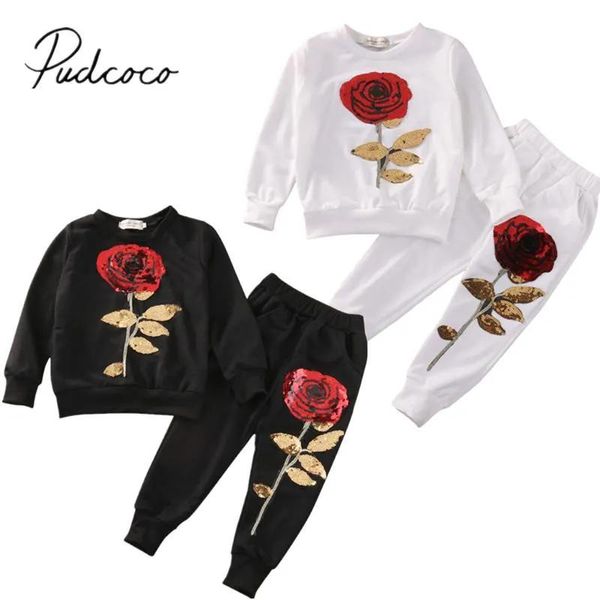 Sets Marke Neue Kleinkind Kleinkind Kinder 2PCS Mädchen Pailletten Rose Outfits Kleidung T-shirt Lange Hosen Set Trainingsanzug Casual set 27Y