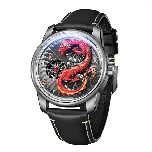 Armbanduhren OBLVLO Männer Automatische Uhr 45mm Mechanische Armbanduhr Leuchtende 30M Wasserdichte Saphir Einzigartige Rad Drachen Zifferblatt