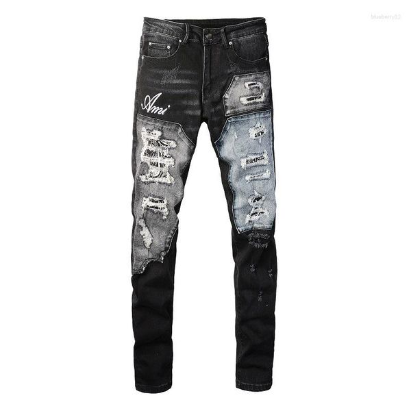 2024SS Jeans da uomo Jeans streetwear da uomo Pantaloni stile patchwork elasticizzati Pantaloni slim fit High Street strappati effetto consumato