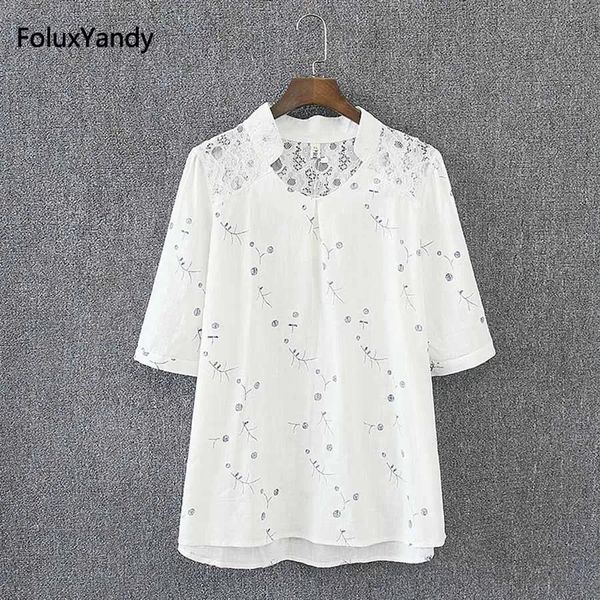 Tops Spitze Bluse Frauen Neue Sommer Stil Plus Größe 3 4 XL Vneck Lose Beiläufige Halbe Hülse Bluse Weiß KK3045