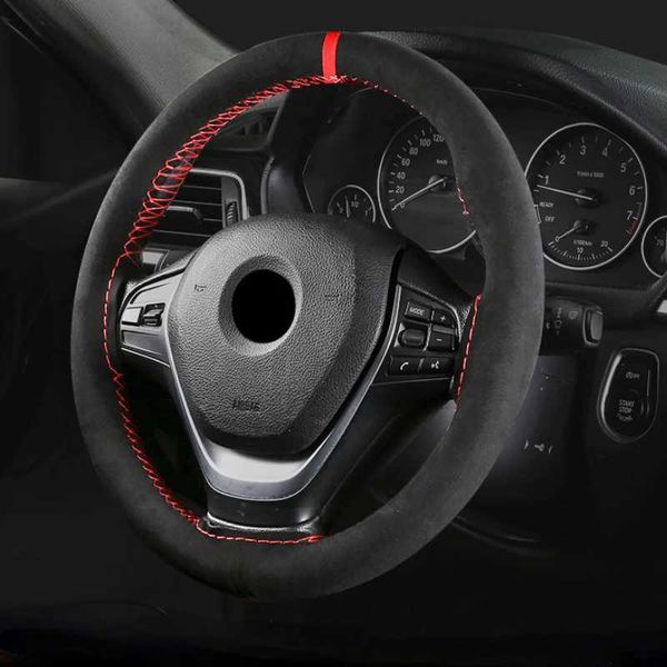 Coprivolante in pelle scamosciata nera Segno rosso treccia sul volante Coprivolante per auto Diametro universale 15 pollici / 38 cm Accessori per auto L240103