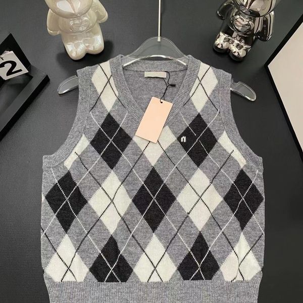 Дизайнерский модный трикотаж Женский пуловер в клетку с бриллиантами, контрастный жилет с буквенной вышивкой, свитер, рубашка, повседневный топ
