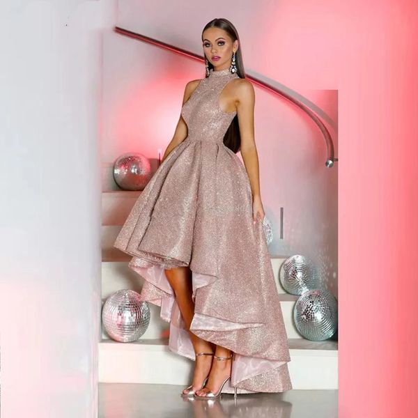 Rosa rosa lantejoulas alta baixa vestidos de baile uma linha glitter simples vestido de baile sem mangas alta pescoço noite ocasião especial vestido 2024