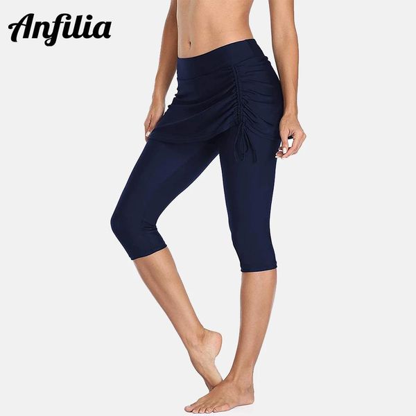 Saias Anfilia Mulheres Lace Up Swim Saia com Bulitin Leggings Board Shorts Sólidos Cintura Alta Swim Capris Tankini Bottoms