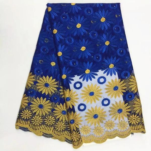 Tecido 5 jardas/pc nova moda azul royal e design de flor dourada tecido de renda líquida francesa renda de malha africana para roupas de festa bn534
