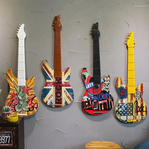 Estatuetas decorativas retro decoração de parede de metal para café acentos guitarra design de arte personalizado decoração doméstica restaurante e bar