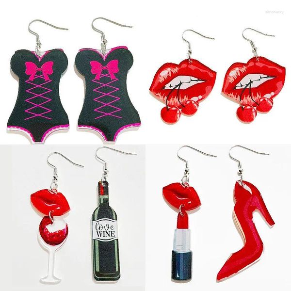 Dangle brincos lábios garrafa de vinho tinto parafuso prisioneiro irregular sapatos de salto alto dia dos namorados festa jóias feminino aretes de mujer