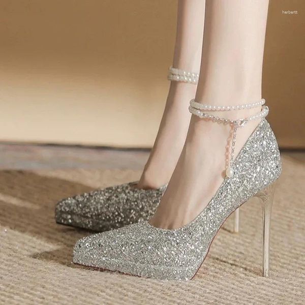 Scarpe eleganti Bling String Bead Tacchi alti Donna Party 2024 Primavera Punta a punta Tacchi a spillo Pompe eleganti Zapatos Femminili