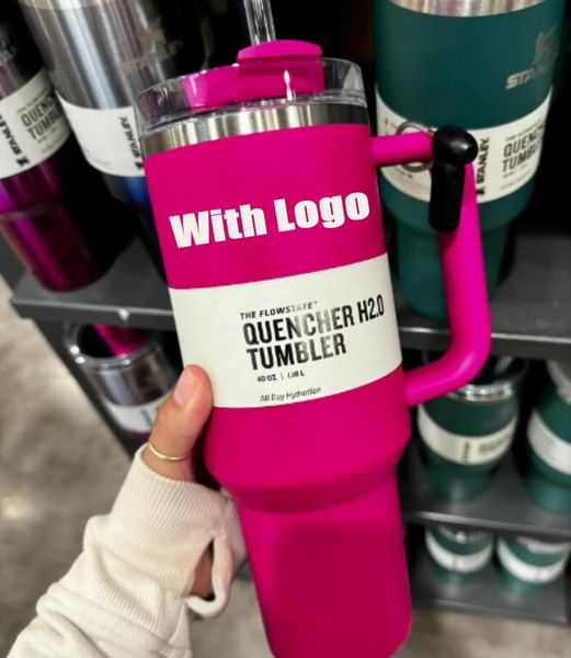 US LAGER Cosmo Pink Flamingo 1:1 mit Logo 40oz Edelstahl Adventure H2.0 Becher Becher mit Griffdeckel Strohhalme Reiseautobecher Valentinstagsgeschenke Target Red