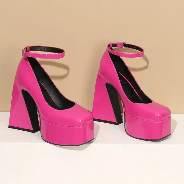 Sapatos de vestido tornozelo envoltório couro patente dedo do pé quadrado rosa vermelho sexy plataforma mulheres bombas triângulo forma chunky salto alto gótico mary janes