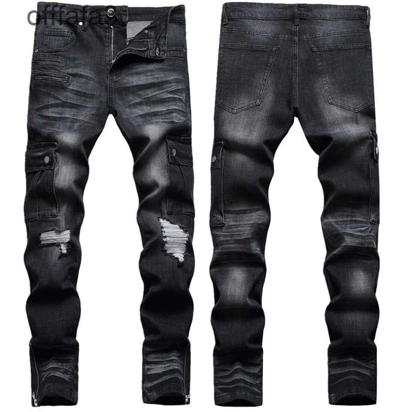 pantaloni da uomo jeans viola stile hip hop abiti da lavoro neri pantaloni da borsa alla moda con cerniera sull'orlo il gatto a pressione dell'acqua deve essere elastico sottile