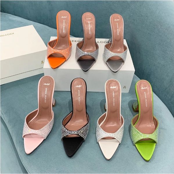 Amina muaddi Mulheres Begum LUPITA Cristal Cetim Chinelos moda cristal PANO MULES slides sandálias sexy dedo do pé aberto sola de couro de luxo sapatos de noite 9,5 cm